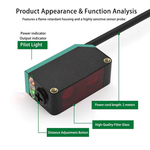 Diffuse Photoelectric Sensor With Background Suppression 5 To 350mm Sensing Range 10 30V DC PNP Output IP66 Waterproof Compact With Labels