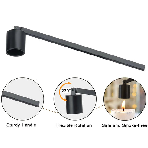 Sleek Black Stainless Steel Candle Snuffer With Rotating Swivel Bell And Ergonomic Grip Handle For Smooth Flame Control And Deep Jar Reach killer gift for candle lovers showing 230-degree rotation and sturdy handle.