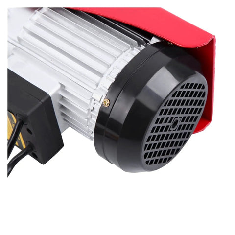 Close-up of Heavy Duty Electric Hoist With 220V Plug And Play Cable Winch Motor for home garage use, showcasing the powerful motor.