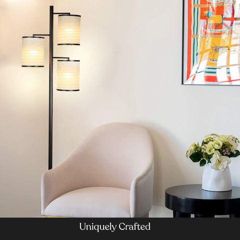 Liam Floor Lamp With Asian Lantern Shade Tree Style Standing Light For Living Rooms Offices And Bedrooms Includes 3 LED Bulbs Dope Ambience Black Finish in modern living room.
