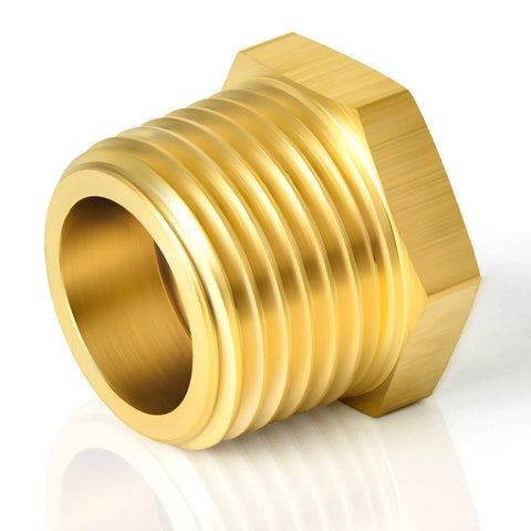 Brass NPT reducer 1" to 3/4", hex bushing pipe fitting.