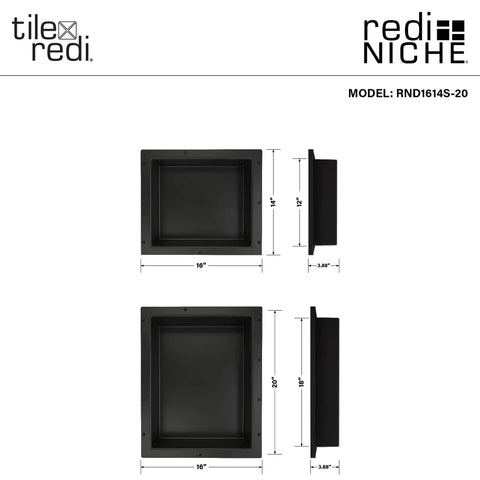 All-In-One Niche With Double Recessed Shower Shelves, 34 Inch High By 16 Inch Wide, Black Finish, tile-ready surface diagram