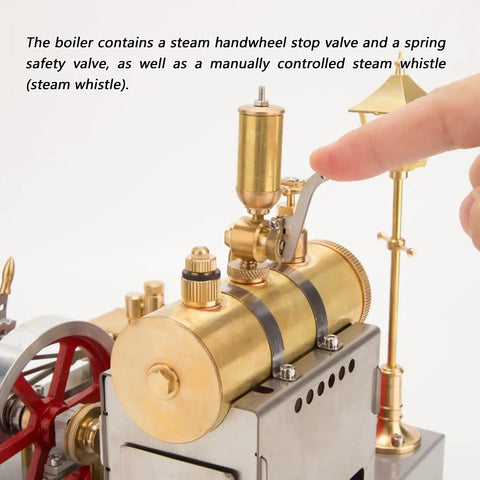Close-up of brass boiler with valve in Steam Engine Kit With Boiler, Generator And Street Lamp, Reversible Horizontal Stationary Engine Model For STEM Education And Thermodynamics Practice, A Fun Hands On Gift For Adults, Students And Engineers.