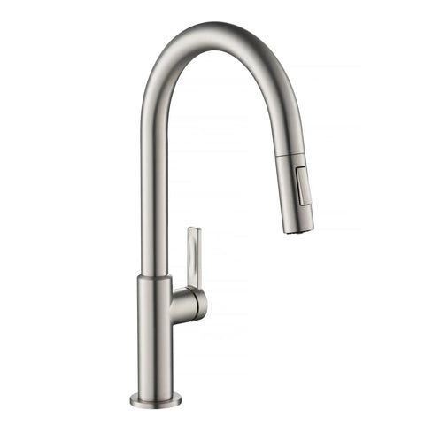 Game Changer Stainless Steel Pull Down Kitchen Faucet With Spot Free Brushed Finish and Full Range Swivel Spout, sleek design.