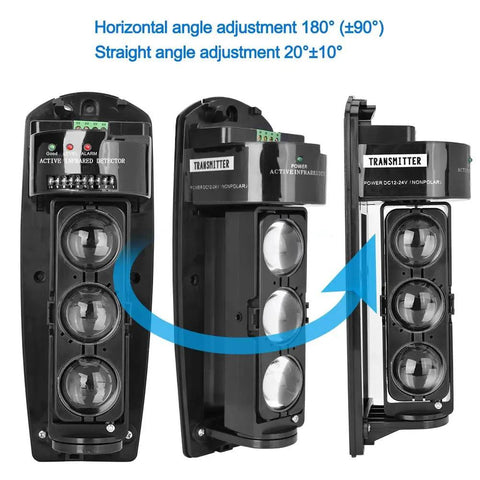 Pro Grade Triple Beam Photoelectric Infrared Detector Security System front and side view with adjustable angles.