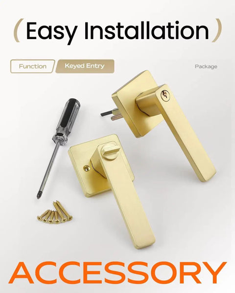 3 Pack Gold Entry Door Levers With Different Keys, zinc alloy levers, screwdriver and screws for easy installation illustration