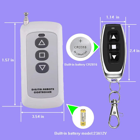Go To Forward Reverse Switch with remote, showing two remotes with dimensions and built-in batteries CR2016 and 23A12V.