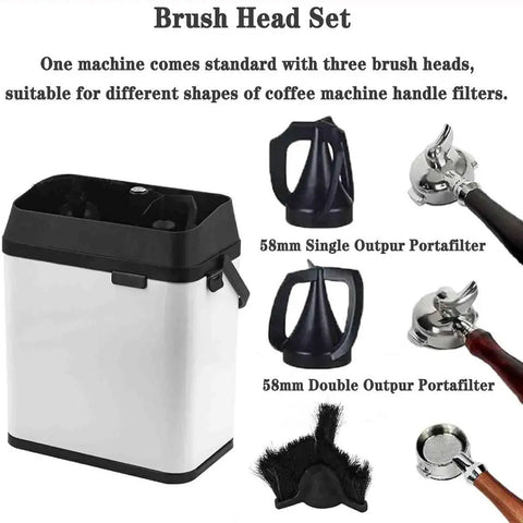 Electric Portafilter Cleaner And Espresso Knock Box Certified Game Changer Auto Vacuum Coffee Pucks quick brush head set with three attachments.