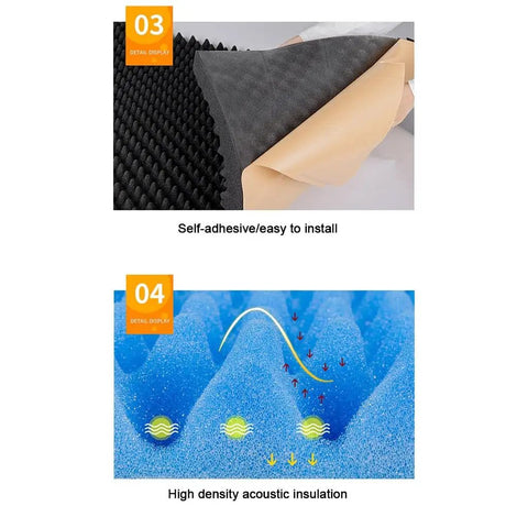 Self-adhesive No Hassle Top Shelf High Density Acoustic Foam Panels featuring textured surface and insulation effect.