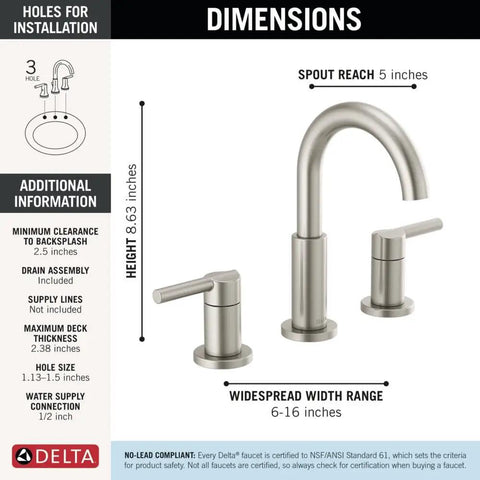 Sleek Brushed Nickel Vanity Faucet Eight Inch Widespread Layout Featuring Smart Quick Connect Lines For Hassle Free DIY Install With Push Pop Drain And Rock Solid Stainless Steel Construction dimensions infographic showing height and spout reach.