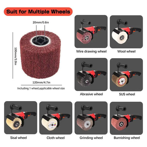 Powerful 1400W Surface Conditioning Tool With 8 Variable Speed Wheel Sander And Polisher For Wood Metal Stainless Steel showing wheel compatibility options.
