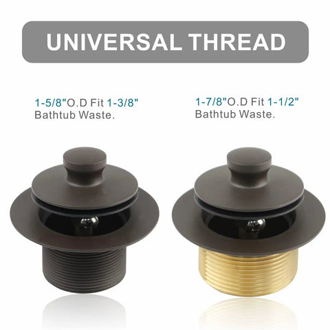 Universal Lift And Turn Tub Drain Kit With Overflow Faceplate in Oil Rubbed Bronze Finish, showing two drain sizes.