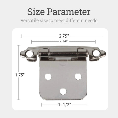 Greoil steel cabinet hinge, front view with mounting plate and three screw holes, silver metal