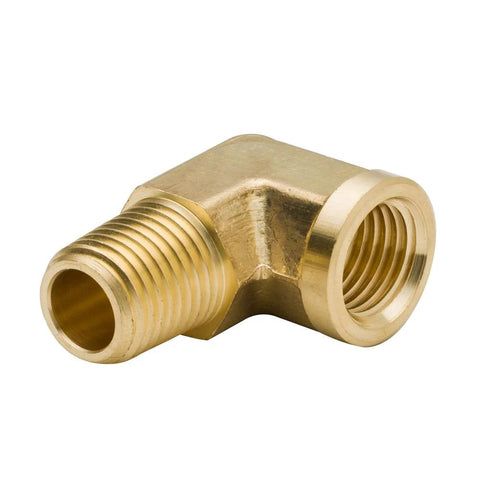 Brass NPT elbow fitting, 1/8 inch male to female, 90-degree street elbow connector for plumbing and pneumatic systems, durable brass.