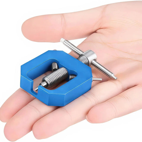 Heavy Duty RC Pinion Bearing Puller For Remote Control Trucks in hand, compact blue wrench, stainless steel, universal for gear extraction.