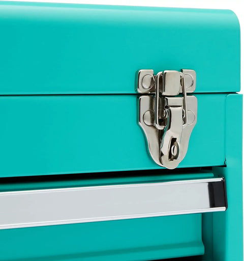 Close-up of the secure locking latch on Damn Solid Steel Tool Chest With Secure Locking Drawers For Serious Workshop Storage.