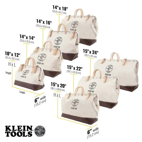Various sizes of Heavy Duty Natural Canvas Tool Bag With Wide Hinged Opening, Leather Handles, and Moisture Resistant Vinyl Bottom