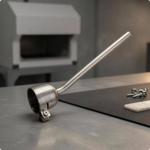 Heavy Duty Stainless Steel Torch Nozzle Adapter With 35mm Connection For Repair And Fabrication Pro Grade Air Nozzle Attachment For Workshops Fixed Point Nozzle Replacement Tip, shown on a workshop table.