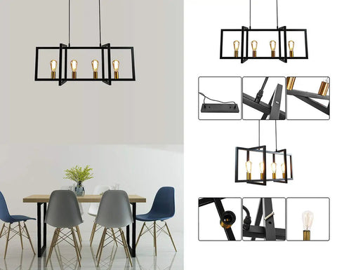 Four Light Kitchen Island Pendant Light Modern Industrial Chandelier In Matte Black With Antique Brass Finish displayed over dining table.