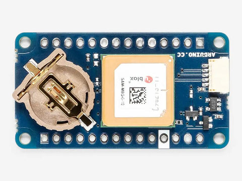 Top view of GPS Shield for MKR Boards With U-Blox SAM-M8Q GNSS Module Multi-Constellation GPS GLONASS Galileo on white background.