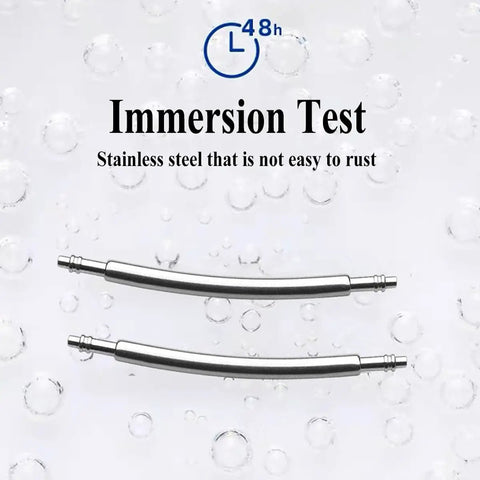 10 Pcs Curved Spring Bars For Watch Bands, 1.5mm Stainless Steel double flanged pins shown in immersion test with water droplets.