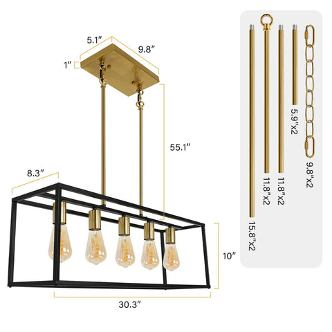 Dimensions of the 5 Light Modern Farmhouse Kitchen Island Chandelier with Black Brass Industrial Vibe, geometric frame.