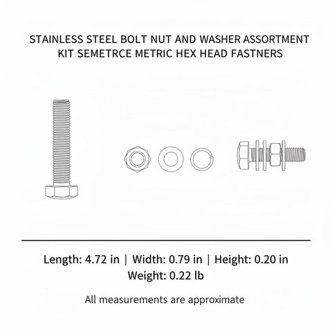 Stainless Steel Hex Head Bolts Nuts And Washers Kit With SAE And Metric Fasteners detail dimensions drawing.
