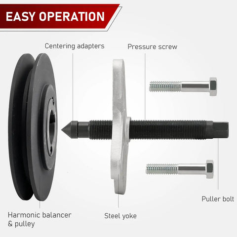 Heavy Duty Harmonic Balancer Puller Set 46 Piece Kit for Steering Wheel Pullers and Crankshaft Pulleys and Gears components displayed