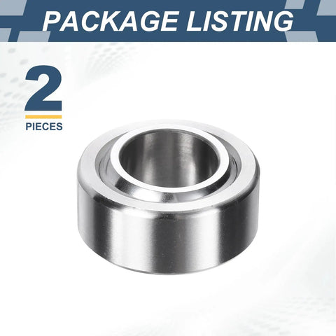 Heavy Duty COM12T Spherical Plain Bearings Pair 3/4 X 1 7/16 X 3/4 Chrome Steel Bushings shown, two pieces in sleek finish.
