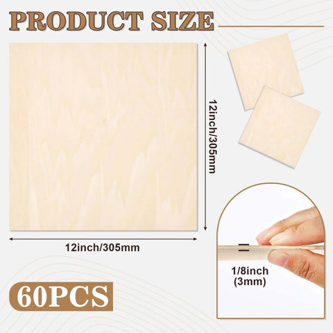 Basswood sheets, front view: 12x12 in, 3 mm thick unfinished plywood, 60-pack for crafts, Amazon Home