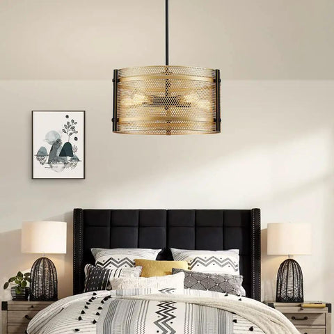 Farmhouse Drum Chandeliers Pendant Light Fixture with Gold Mesh Shade and Black Frame, 20 Inch Diameter hanging in bedroom