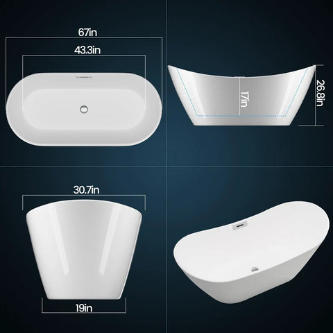 Dimensions of Top Shelf Acrylic Freestanding Soaker Tub Featuring Deep Soaking Pool And Sculpted Curved Backrest For Serious Lumbar Relief And Prime Chill Vibes In Crisp White.