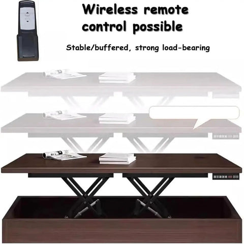 Sturdy Electric Scissor Lift Table With Height Adjustable Lifting Platform For Material Handling And Coffee Tables Featuring Wireless Remote Control To Transform Dining Spaces Effortlessly While Supporting Up To 50KG Without Worry, showing remote and adjustable lift.