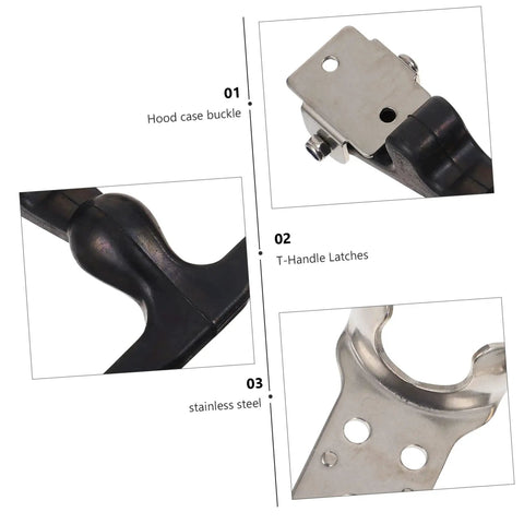 Heavy Duty T Handle Draw Latches Set In Stainless Steel With Rubber Shock Absorption Locking Hasp, close-up of hood buckle detail