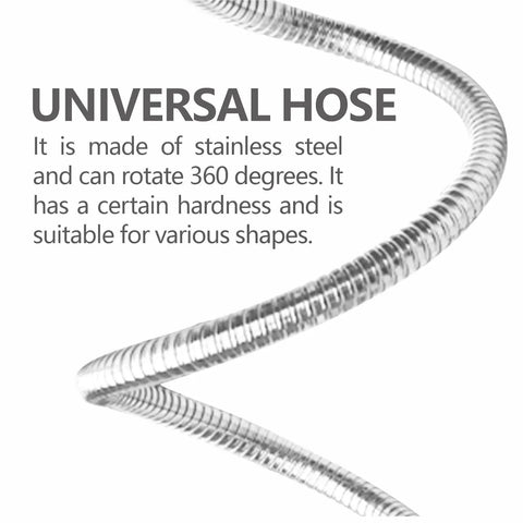 Close-up of stainless steel universal hose, flexible with 360-degree rotation capability, suitable for various shapes.