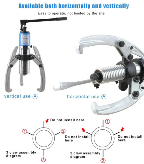 Heavy Duty Hydraulic Gear Puller Set Featuring Two Or Three Jaws Delivering Five To Twenty Ton Grip Made From Solid Forged Steel To Rip Hubs And Bearings Off Like A Bad Boy Daily with usage instructions.