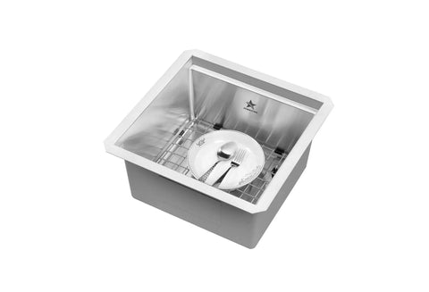 Undermount Stainless Steel Workstation Sink With Ledge, Single Bowl, 304 Grade, 15x15x8 Inch, Includes Grid, top view with dishes
