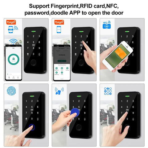 All In One Door Entry Security Kit With Waterproof Fingerprint And RFID Keypad Built Tough 180Kg Magnetic Lock 12V 3A Power Supply Stainless Steel Exit Button And 10 Key Fobs in use with smartphone and RFID interactions.