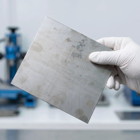 Gloved hand holding Stainless Steel Square Plate 200x200x2mm Flat Metal Sheet For Cutting With Smooth Mill Finish And Excellent Straightness
