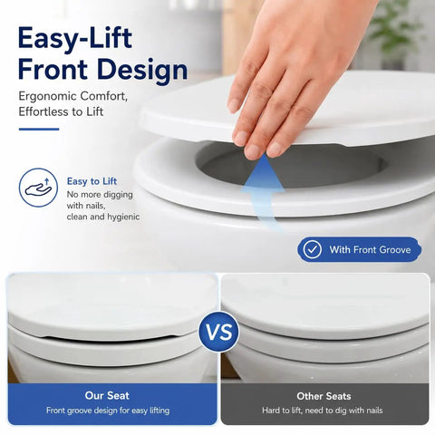 Elongated Toilet Seat Featuring Smooth Slow Close Soft Shut Hinges That Stay Locked Down Tight As A Nail Meanwhile Quieting Those Annoying Lid Slams Crafted From Durable White Plastic For Effortless Oblong Bathroom Updates with easy-lift front design.