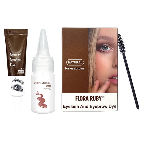 Flora Ruby Eyelash And Eyebrow Dye kit featuring dye tube, developer, and applicator brush for natural results.
