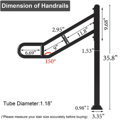 Outdoor Single Post Hand Rail For 1 To 3 Steps, Heavy Duty Wrought Iron Stair Railing With U Shaped Post, dimensions diagram
