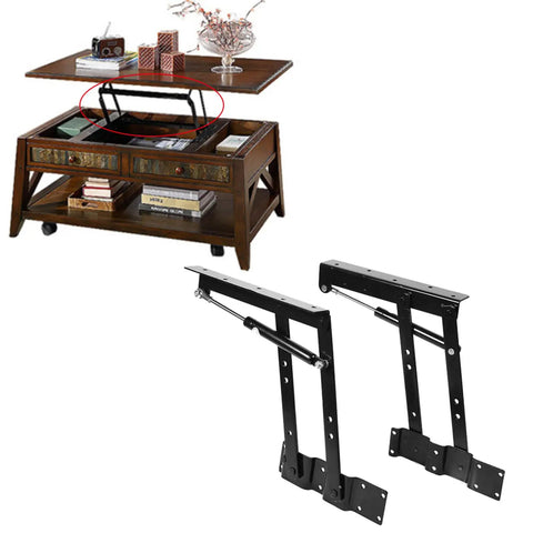 DIY Coffee Table Lift Mechanism Kit with 2 Hydraulic Hinges and Spring Loaded Lift Top Frame beside opened table.