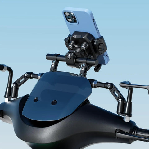 Handlebar Extender 8 Inch Cross Bar for Mounting Bike and Motorcycle Accessories Like Phone Holder GPS Navigation Action Camera and Extra Lights for Safer Hands-Free On The Go with attached phone holder.