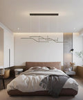 Modern bedroom with Dope Three Color Dimmable LED Pendant Light With Remote 45W Modern Chandelier and geometric waves over bed.