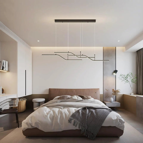 Modern bedroom with Dope Three Color Dimmable LED Pendant Light With Remote 45W Modern Chandelier and geometric waves over bed.