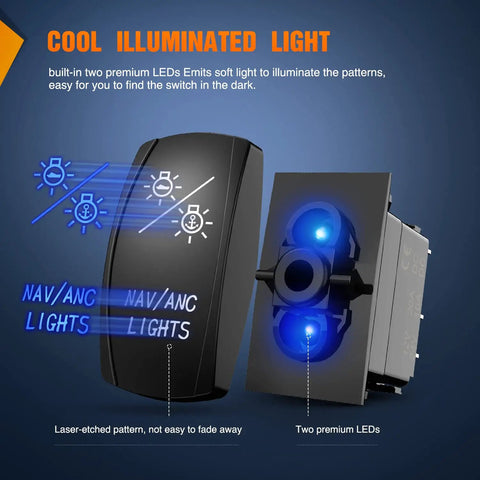 Seven Pin DPDT Rocker Switch With Blue Jumpers On Off On Dual Load Control 20A 12V DC And 10A 24V DC Rated Easy Install Replacement For OEM Switch Panels Ideal For Cars Trucks Jeeps Boats RVs illuminated blue LED rocker switch with laser-etched NAV/ANC lights