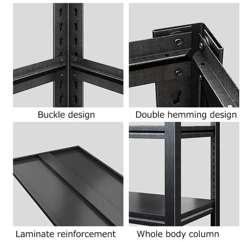 Features of Badass Heavy Duty Adjustable 6 Tier Metal Shelving System with buckle, double hemming, and laminate reinforcement.