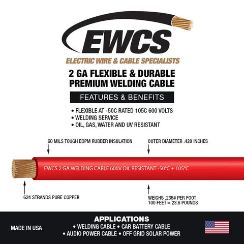 2 Gauge Premium Extra Flexible Welding Cable 600 Volt Red 10 Feet Made In The USA Sunlight Resistant Water Resistant