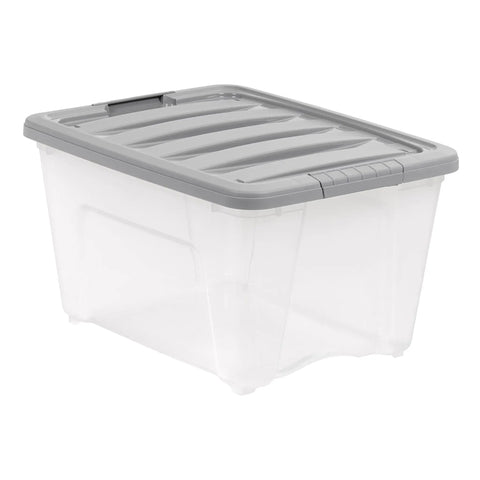 Straight Up Heavy Duty 32 Quart Clear Storage Bins With Secure Latching Lids Stackable Organization Containers showing a clear design with gray latching lid.